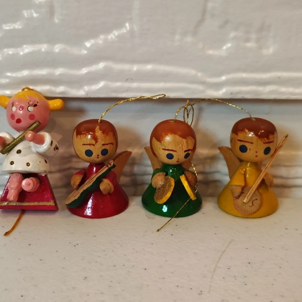 Lot of 4 Vintage Wooden Angel‎ Ornaments – Hand-Painted Musicians Christmas